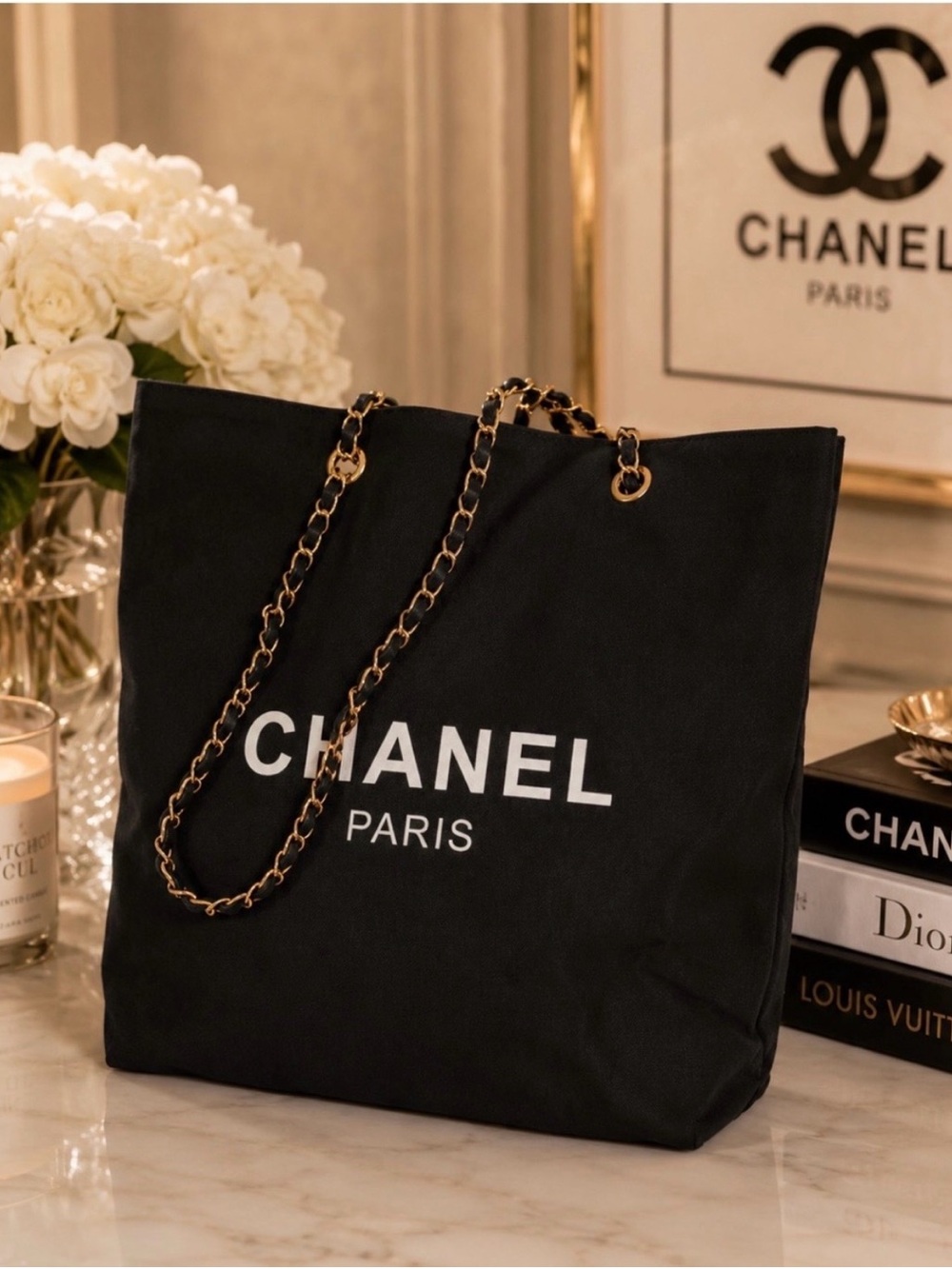 NIP GWP CHANEL Paris Black Canvas Logo Tote with Gold Chain-Strap